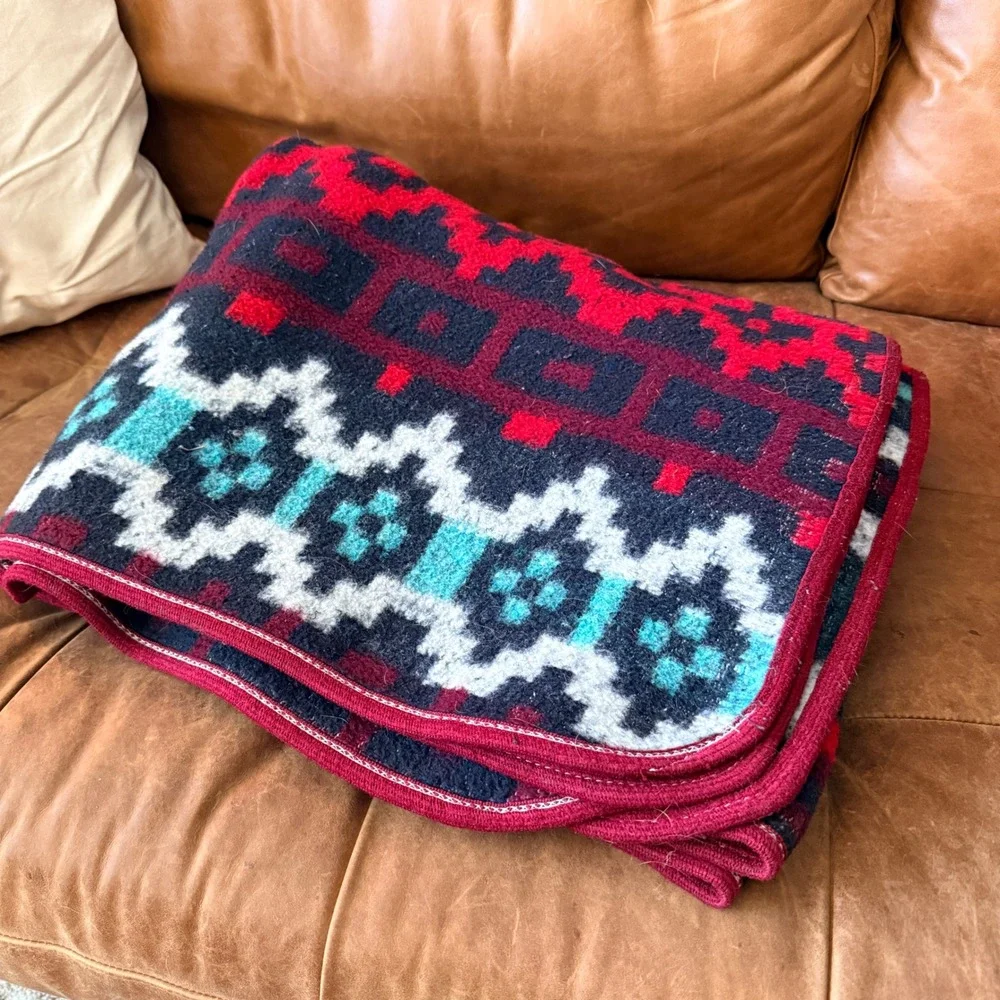 Vintage MCM Geometric Acrylic‎ Blanket Teal Burgundy Reversible 56x76 Soft Mod